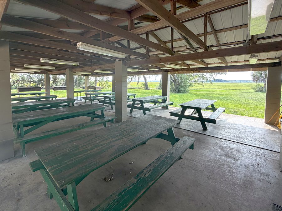 The covered patio at the Chem Cell Club, lined with picnic tables and open on all sides to the salt marsh beyond