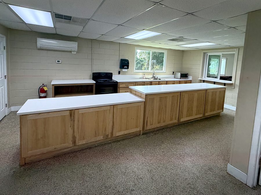 The Chem Cell Club kitchen, with a range and oven, microwave, sink and long counters, and a serving window into the main hall